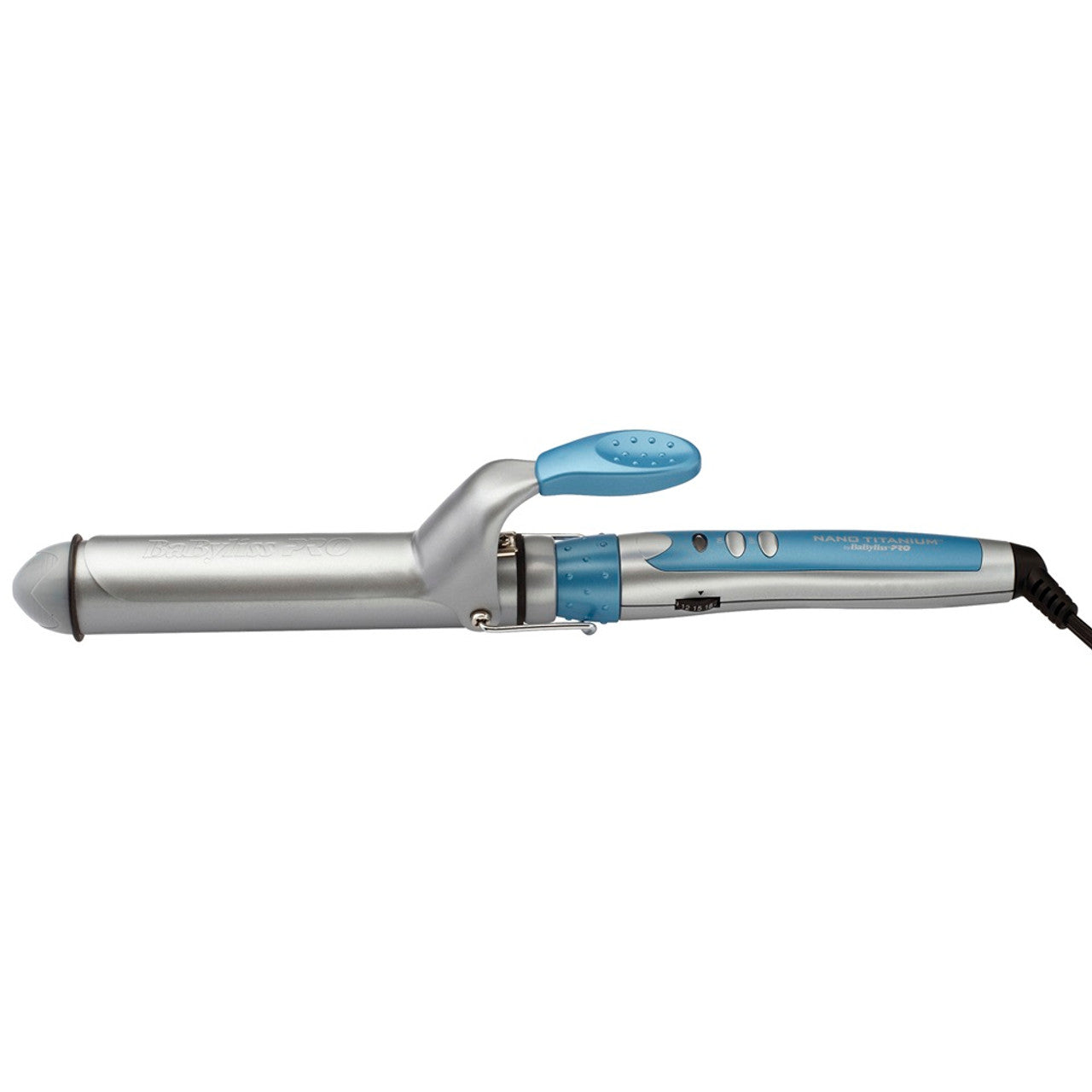 BaBylissPRO Nano Titanium 1 1/4 inch curling iron with a silver barrel and blue and white handle.