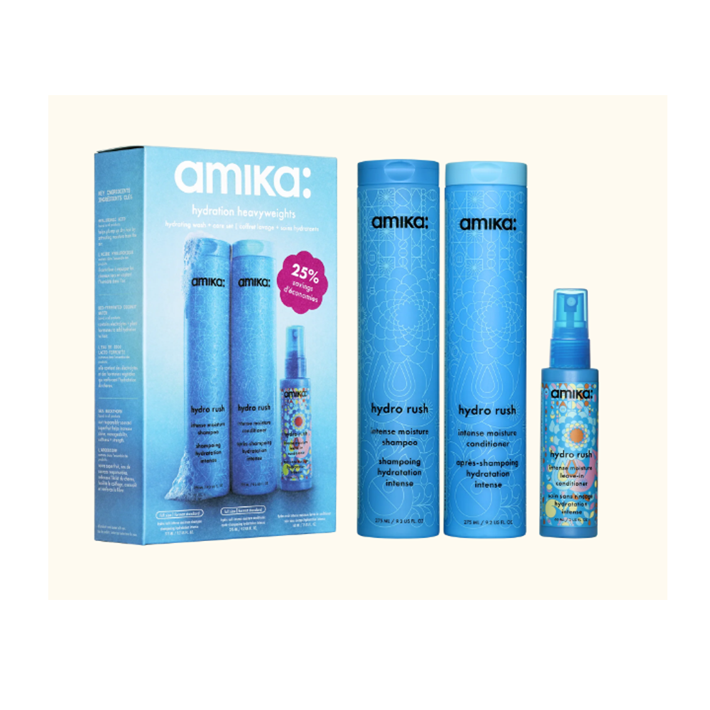 Amika Hydro Rush Hydration Heavyweights Hair Care Set with shampoo conditioner and leave in treatment