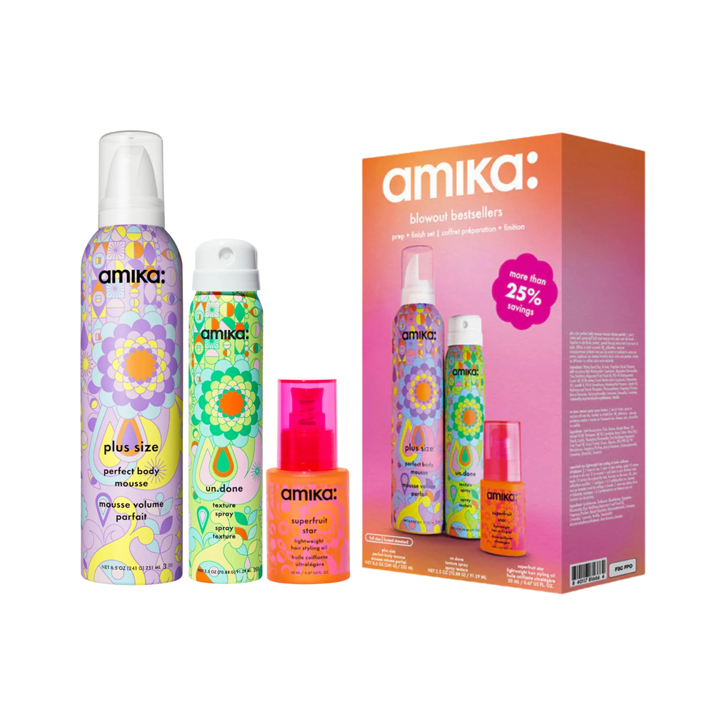 Amika Blowout Bestsellers Prep and Finish Styling Set with mousse texture spray and styling oil